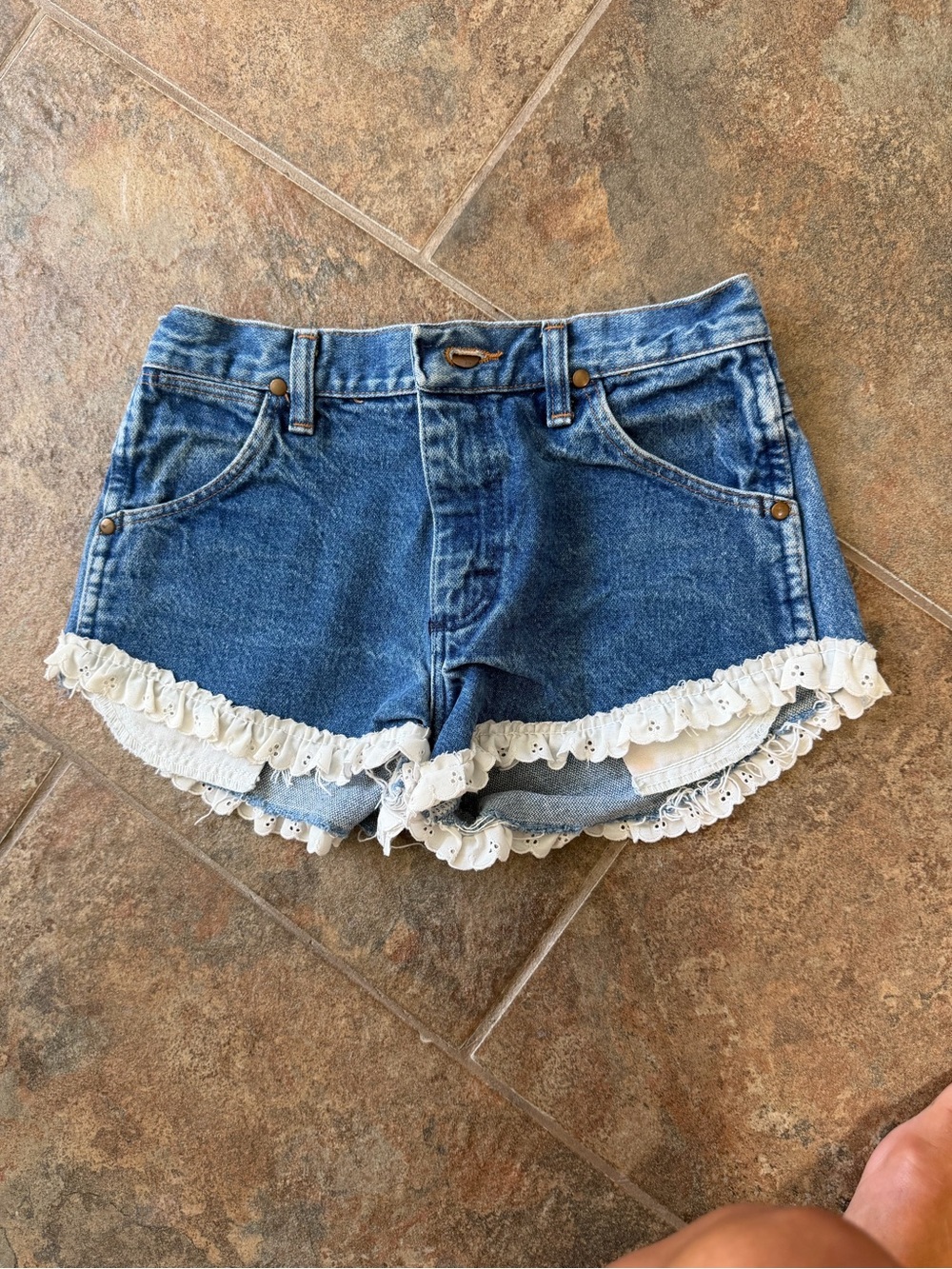 Wrangler Blue Denim Shorts with White Lace Trim